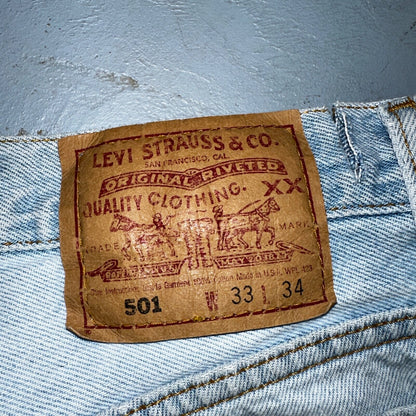 Levis 501 Vintage 90s USA XX Straight Leg Jeans Blue Light Wash 33x34 Act 31x32