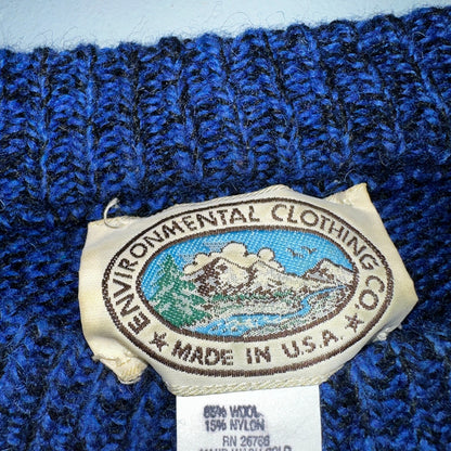 Environmental Clothing Co. VTG 90s Blue Wool Knit Holiday Cottage Sweater L USA
