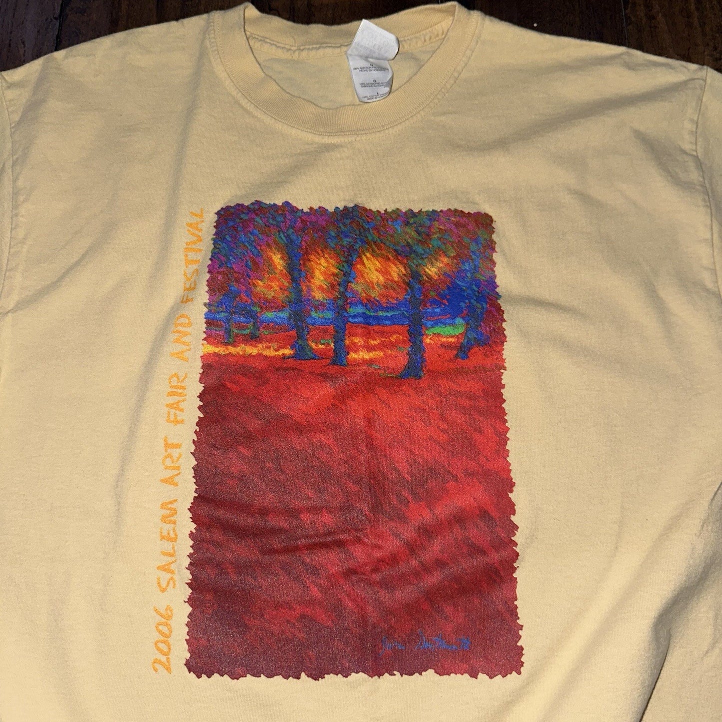 Salem Art Festival Oregon Vintage T Shirt 2006 Y2K Gildan Yellow Trees Abstract