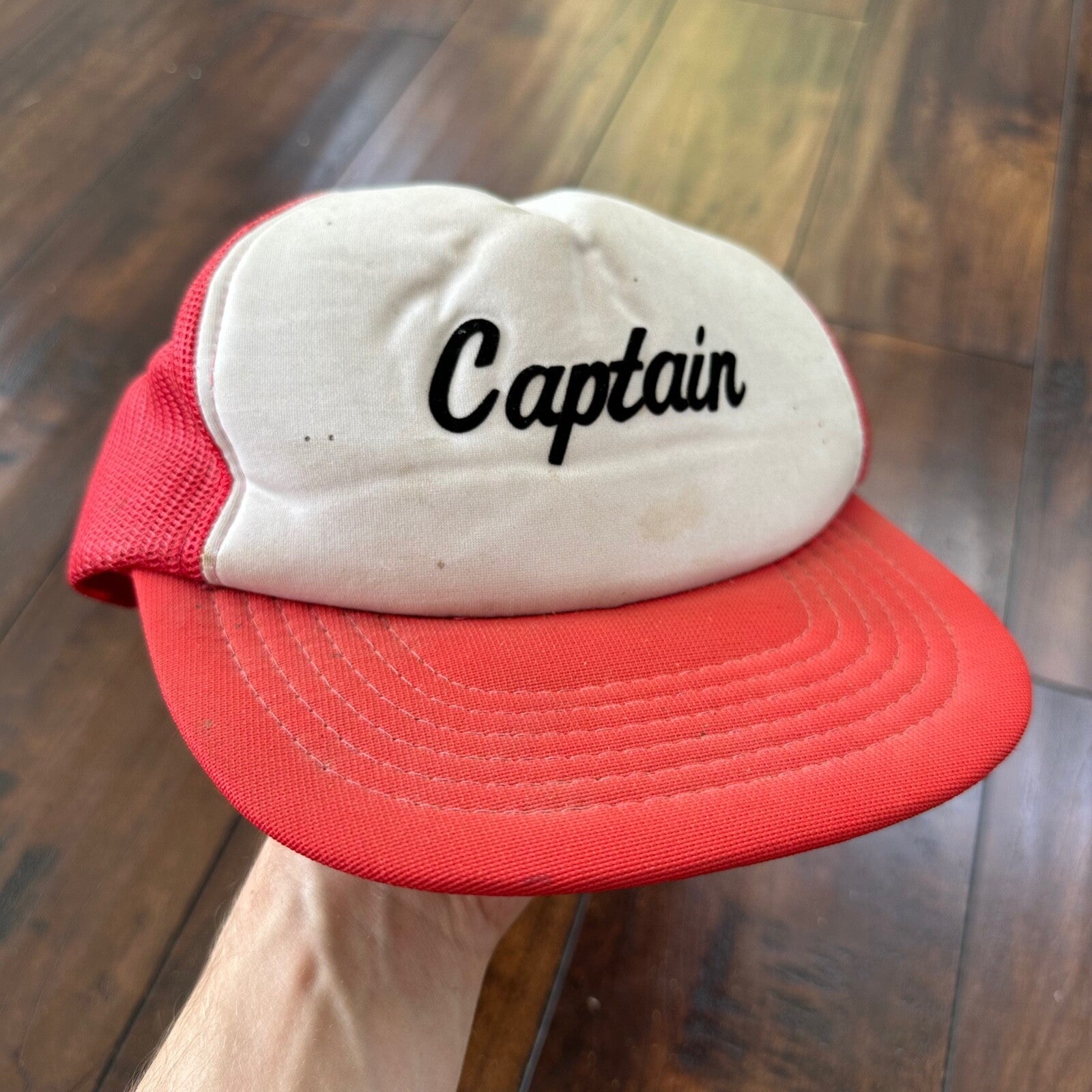 Captain Vintage Hat Cap Snapback Military Red White Flag USA Patrol Chief 80s