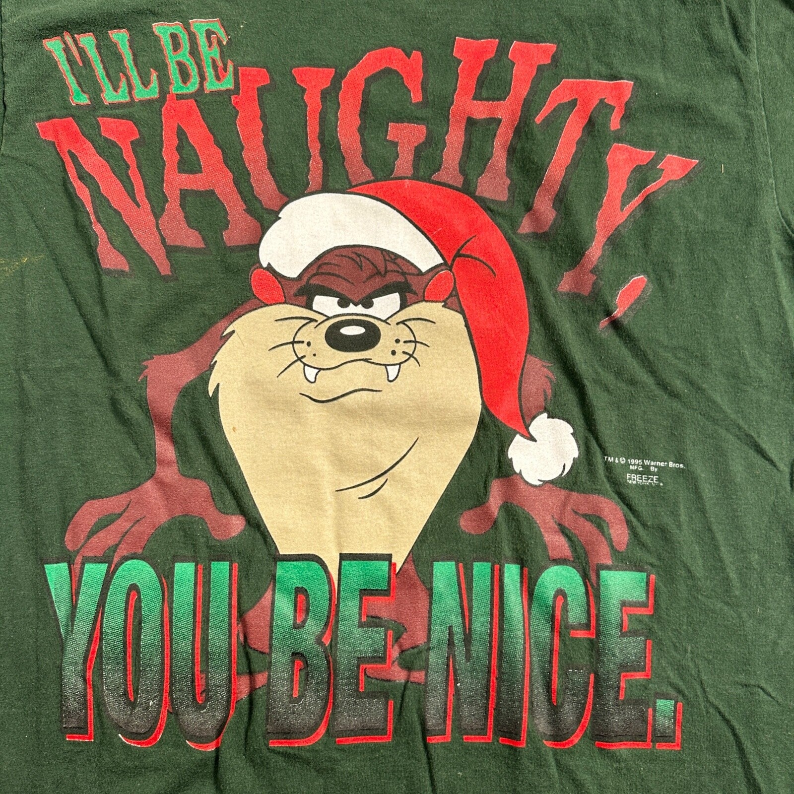 Looney Tunes Taz VTG T Shirt Manian Devil Christmas Naughty Nice 90s 1995