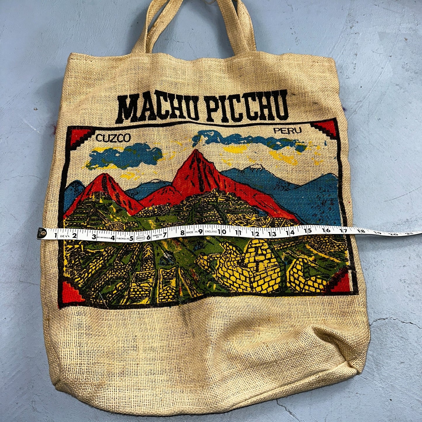 VTG Peru Machu Picchu Upcycled Coffee Reversible Burlap Tote Bag 70s Art Travel