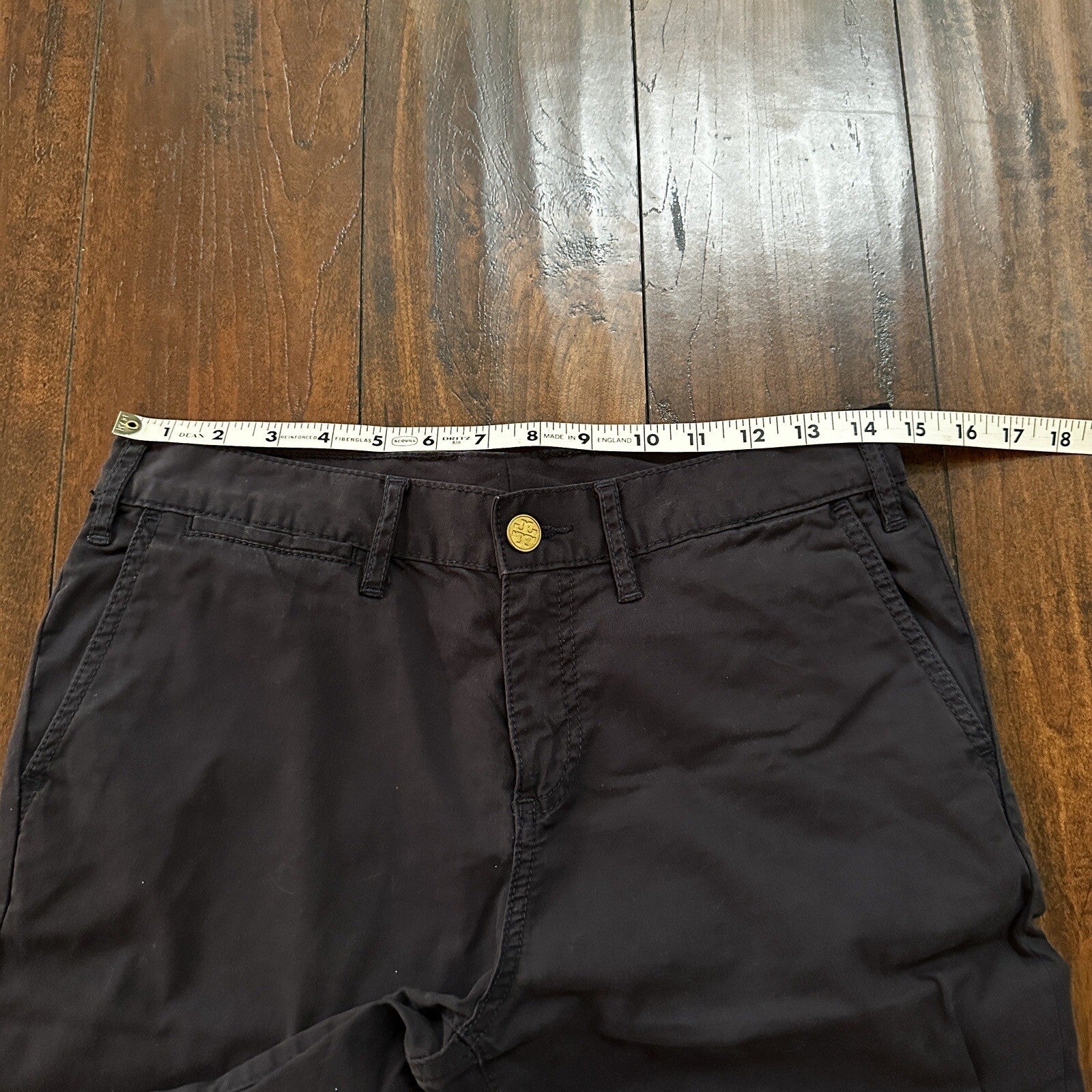 Tory Burch Women's Boyfriend Bermuda Chino Shorts Gold Button Navy Blue Size 29