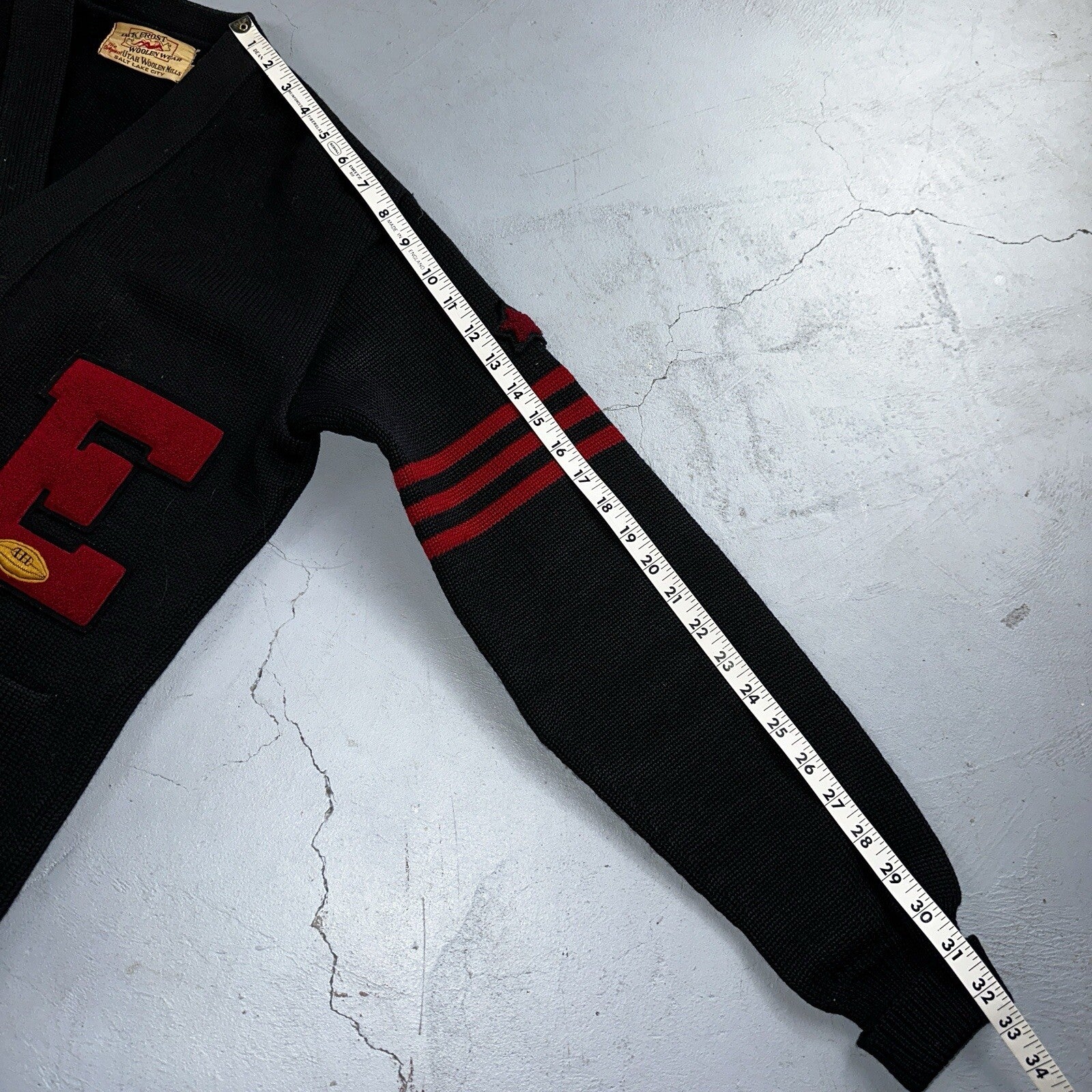 VTG Jack Frost 40s Wool Varsity Sweater Cardigan Indian Black E Evans Letterman