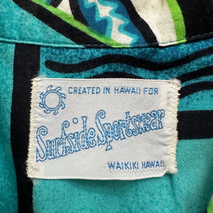 1960s Hawaiian Button Down Shirt Vintage Rockabilly 50s 60s Crop Fit Beach Blue