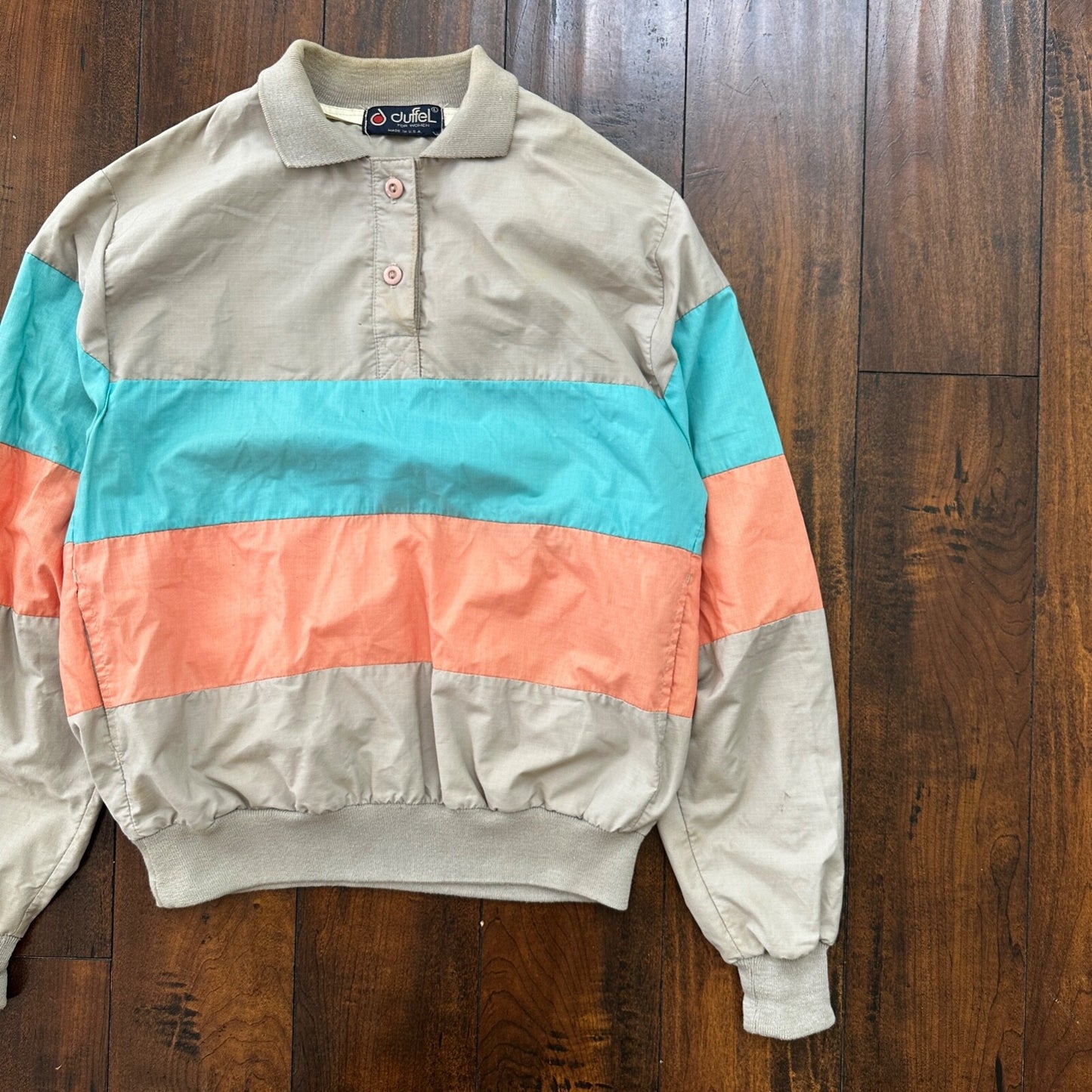 VTG 80s Duffel Pink Blue Strip Collared Pullover Windbreaker Womens L Colorblock