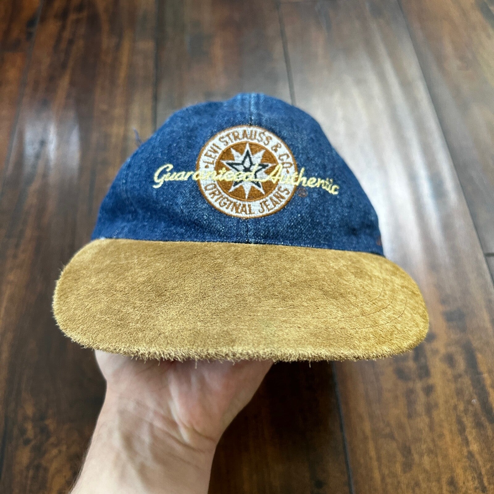 Vintage Levis Jeans Blue Denim w/ Brown Suede Leather Bill Strapback Hat Cap