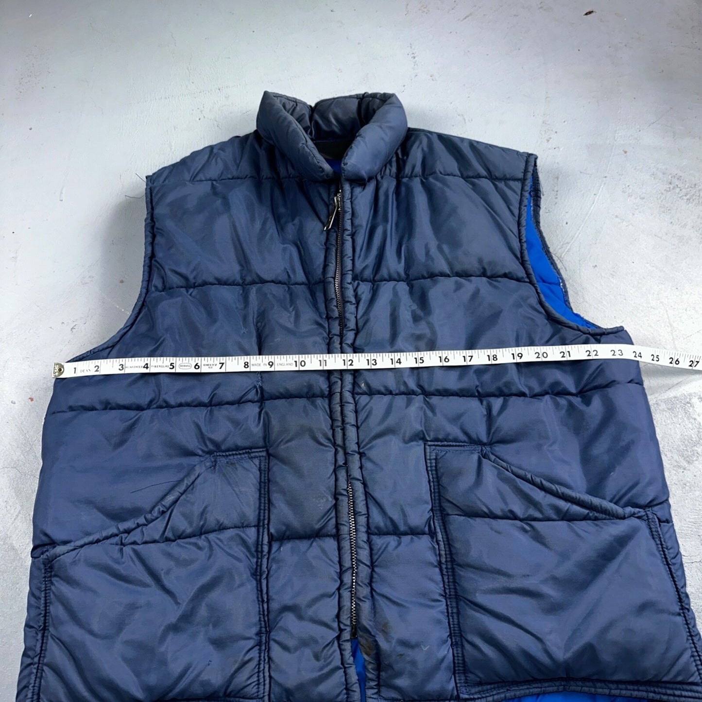 Blue Vintage Vest Warm Winter Puffer Men's L Quilted Zip Up 70s 80s