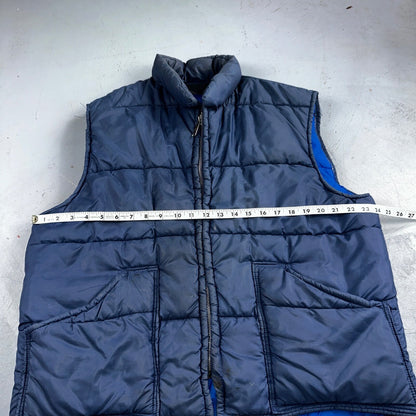 Blue Vintage Vest Warm Winter Puffer Men's L Quilted Zip Up 70s 80s