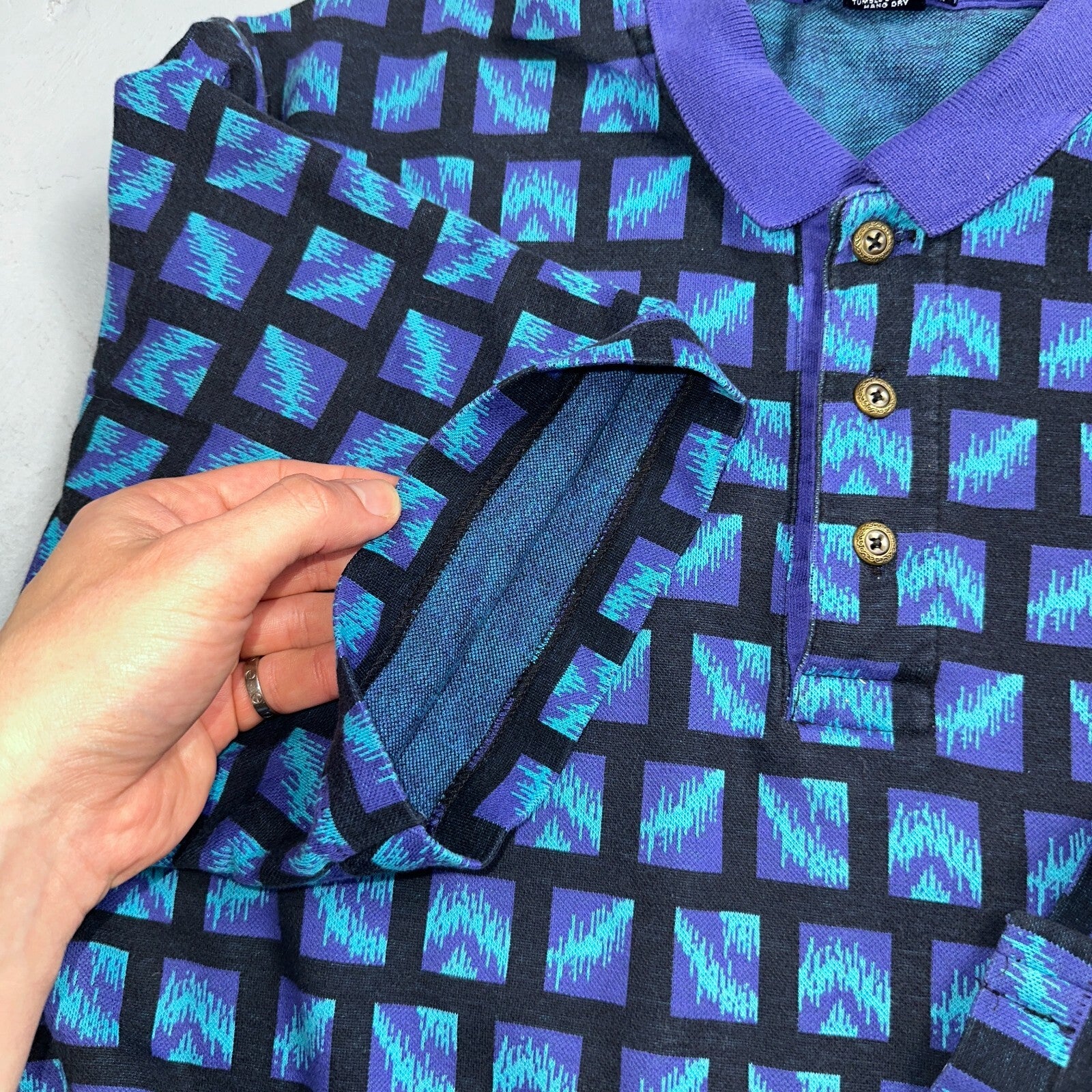 Carlyle VTG Short Sleeve Knit Polo Sz L Rockabilly Crazy Print Pattern Blue 70s