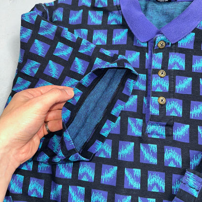 Carlyle VTG Short Sleeve Knit Polo Sz L Rockabilly Crazy Print Pattern Blue 70s