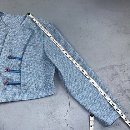 Vtg 70s Blazer Womens Blue Wool Houndstooth Knit Collar Luxury Office USA
