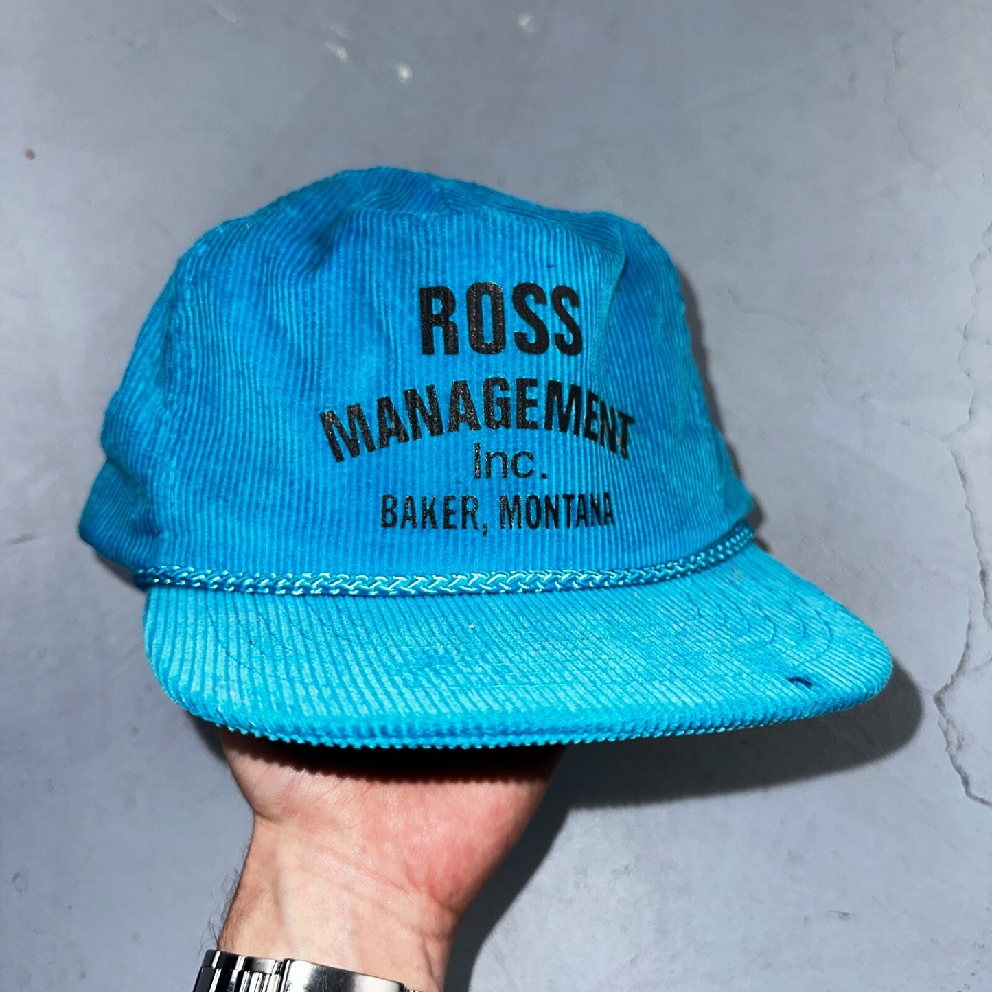 Baker Montana Ross Management Corduroy VTG Hat Cap Snapback Blue Fun Text Otto
