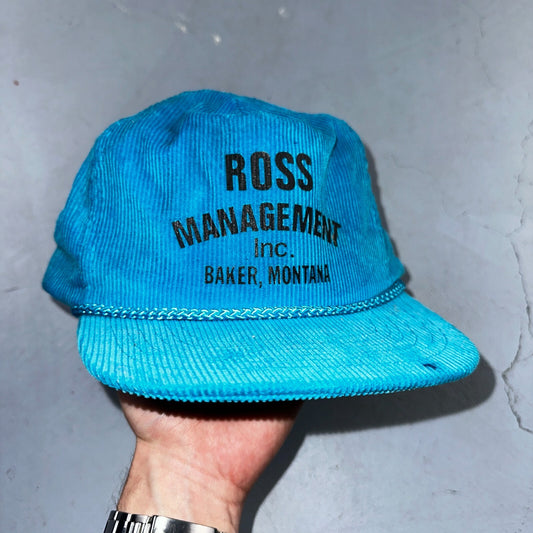 Baker Montana Ross Management Corduroy VTG Hat Cap Snapback Blue Fun Text Otto