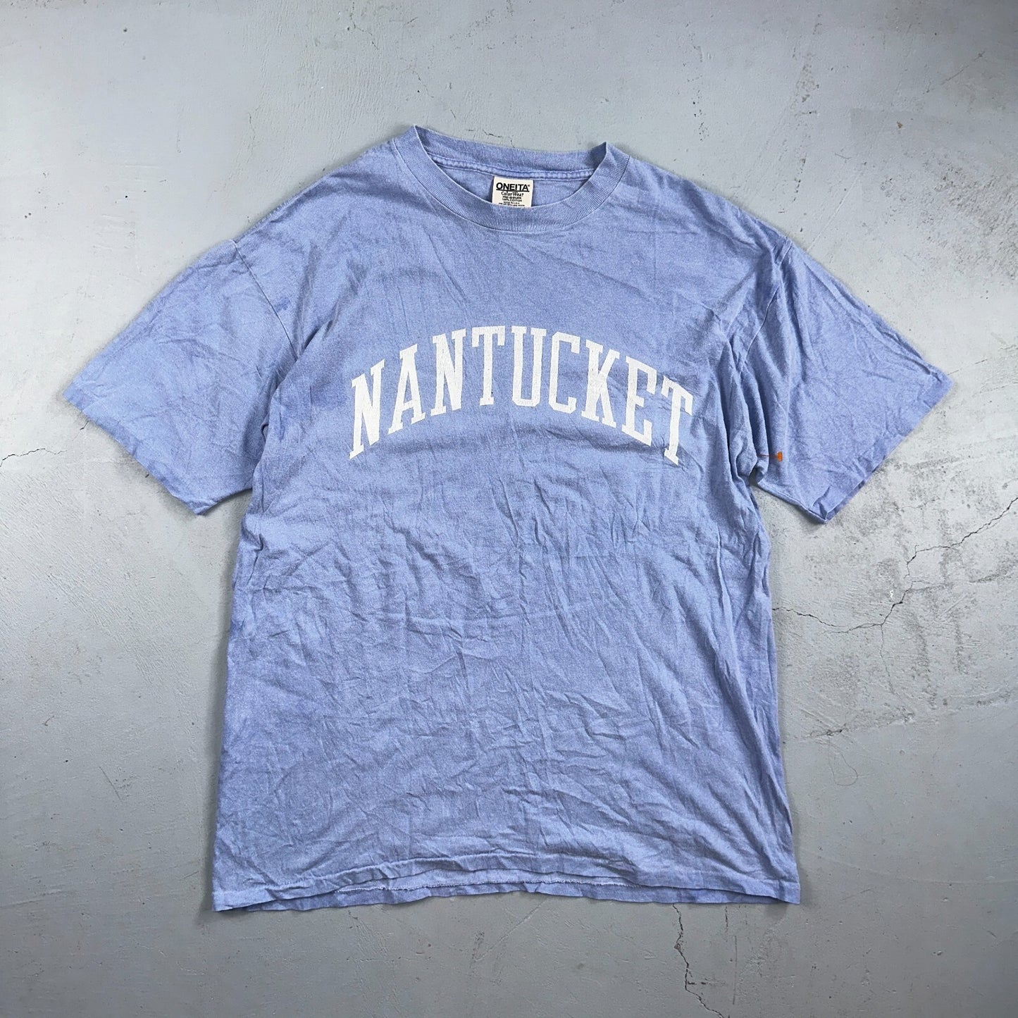 Oneita Nantucket VTG T Shirt USA Boston Simple Script Graphic Logo Light Blue