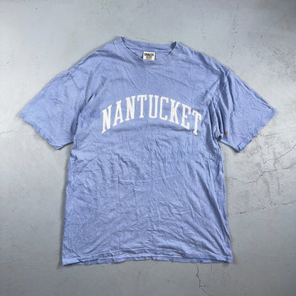 Oneita Nantucket VTG T Shirt USA Boston Simple Script Graphic Logo Light Blue