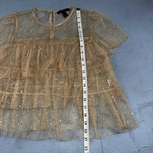 Forever 21 Womens Sheer Neutral Ruffled Short Sleeve Top Sz M