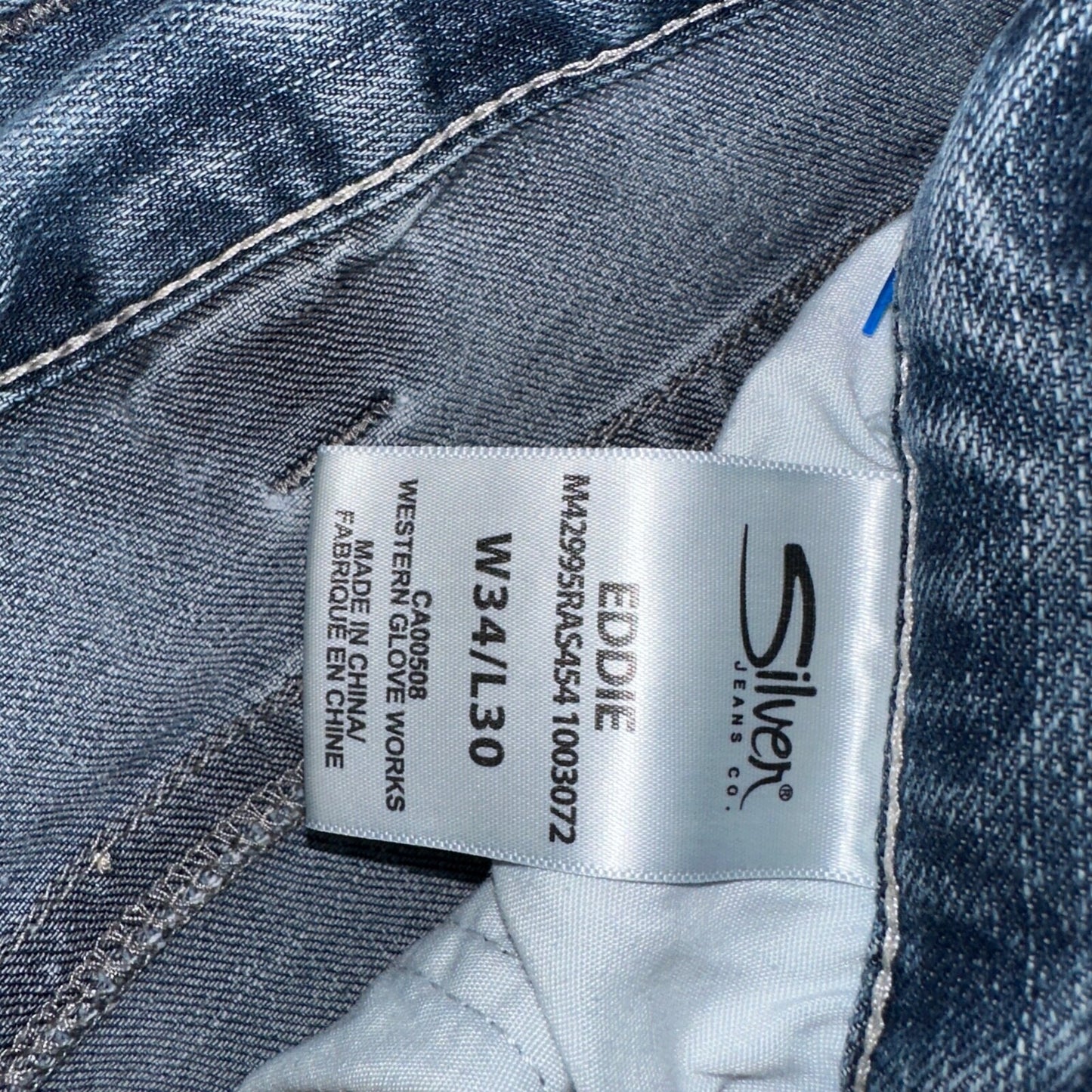 Silver Jeans Mens 34x30 Eddie Blue Denim Stretch Straight 5 Pocket Whiskering