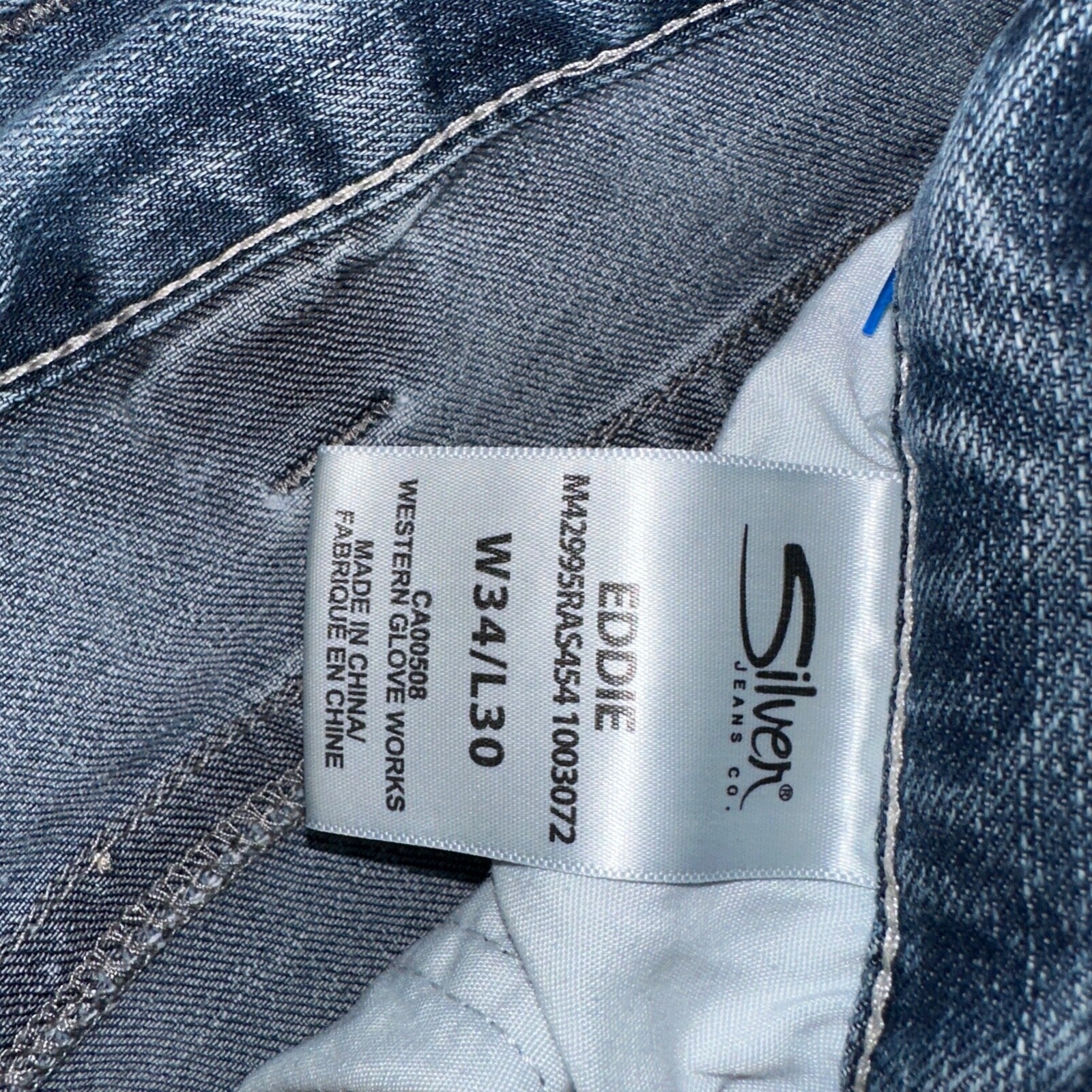 Silver Jeans Mens 34x30 Eddie Blue Denim Stretch Straight 5 Pocket Whiskering