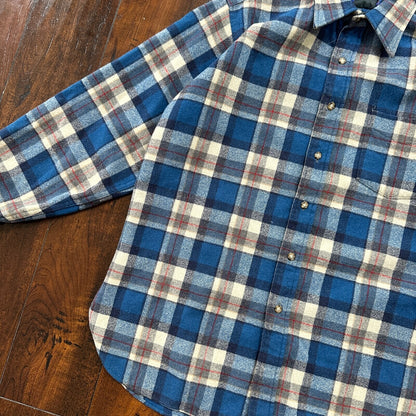 PENDLETON VTG LODGE WOOL FLANNEL L/S SHIRT 80s 70s USA Plaid sz L Shirt
