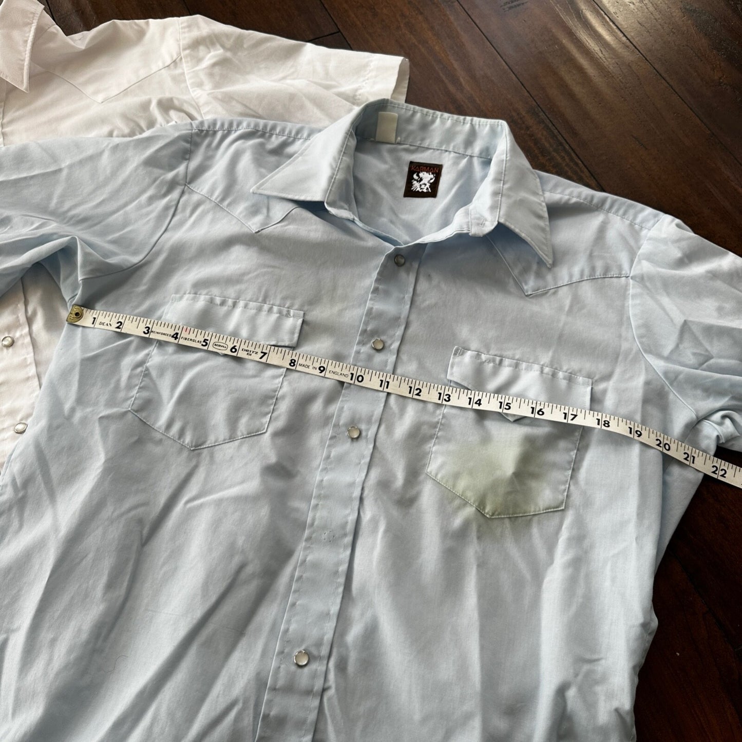 VTG 80s Karman Plain Shirt Mens Lot of 2 Tail Pearl Snap Button Up Poly Stained