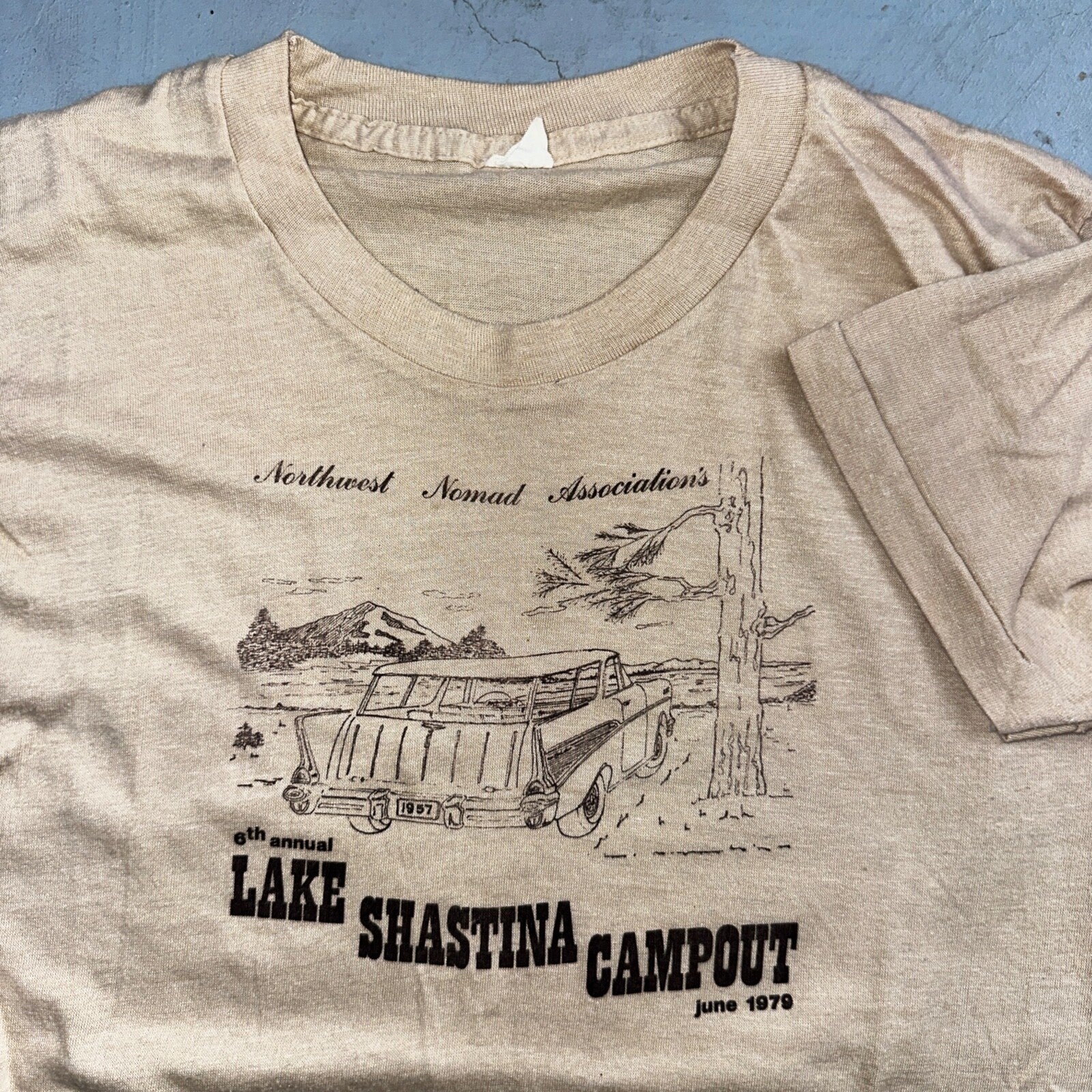 1979 Lake Shastina Campout June 70s Oregon VTG T Shirt Nomad Car Trees Nature