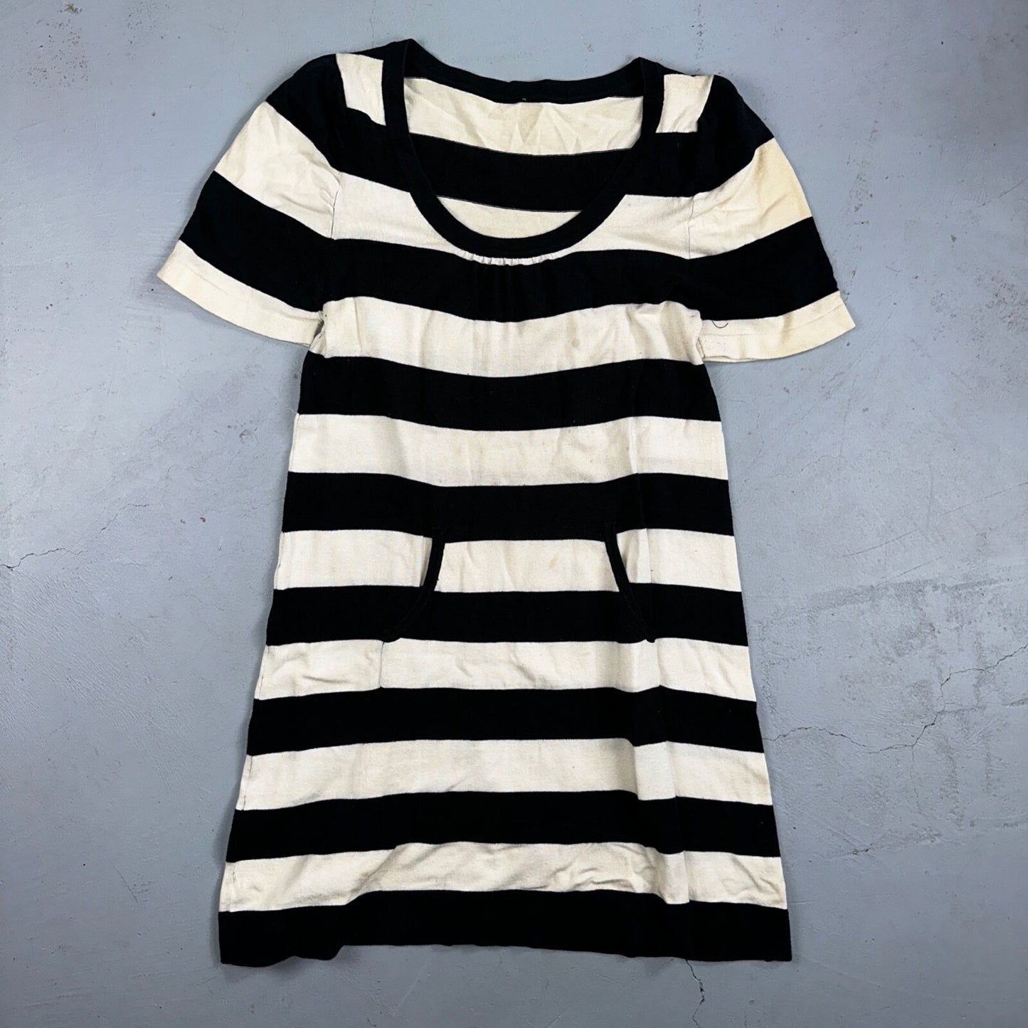 Black White Striped Midi Sweater Dress Round Neck Vintage Y2K Cool Pocket Front