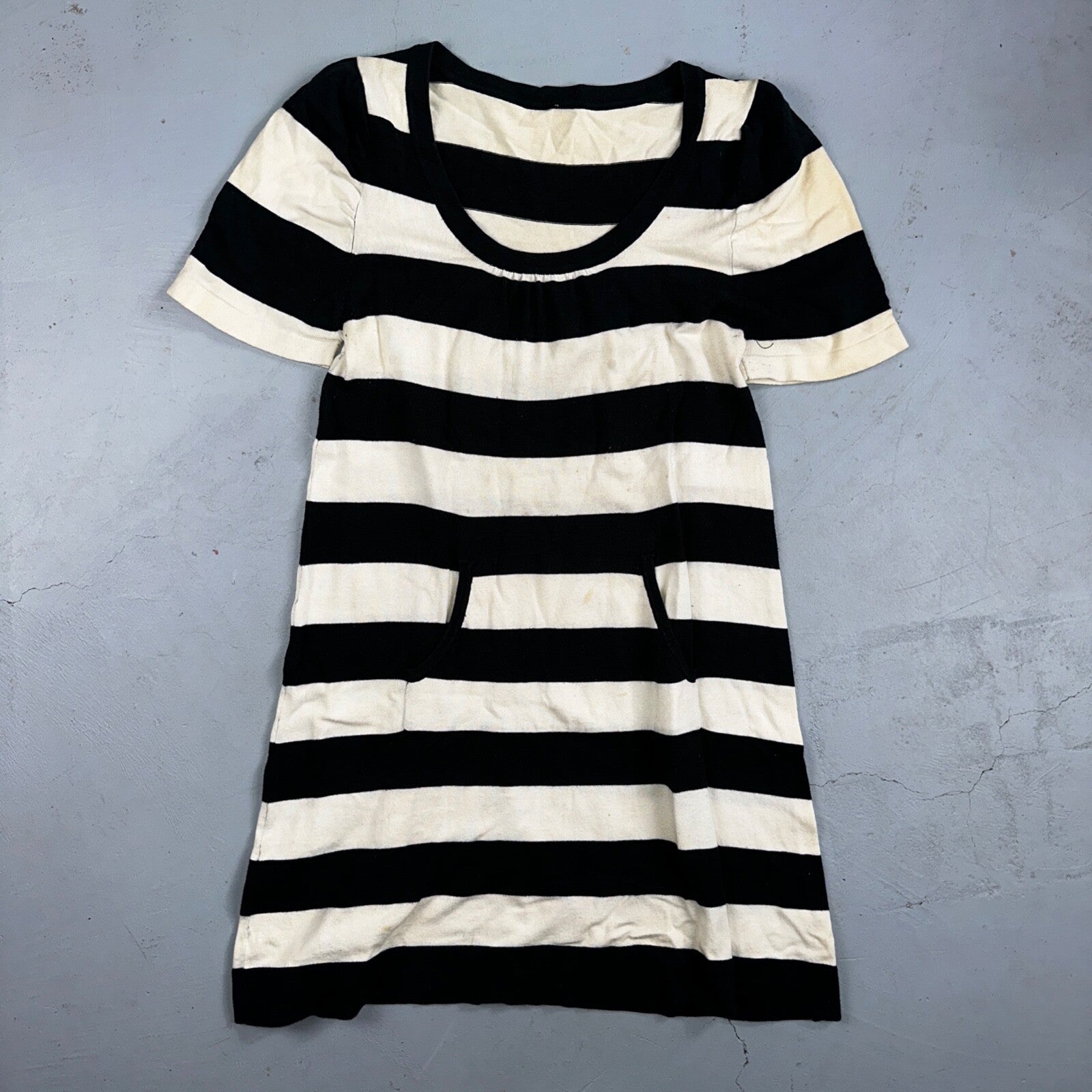 Black White Striped Midi Sweater Dress Round Neck Vintage Y2K Cool Pocket Front