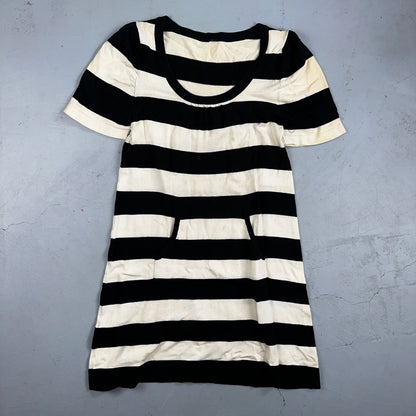 Black White Striped Midi Sweater Dress Round Neck Vintage Y2K Cool Pocket Front
