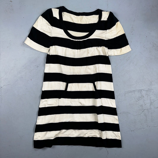 Black White Striped Midi Sweater Dress Round Neck Vintage Y2K Cool Pocket Front
