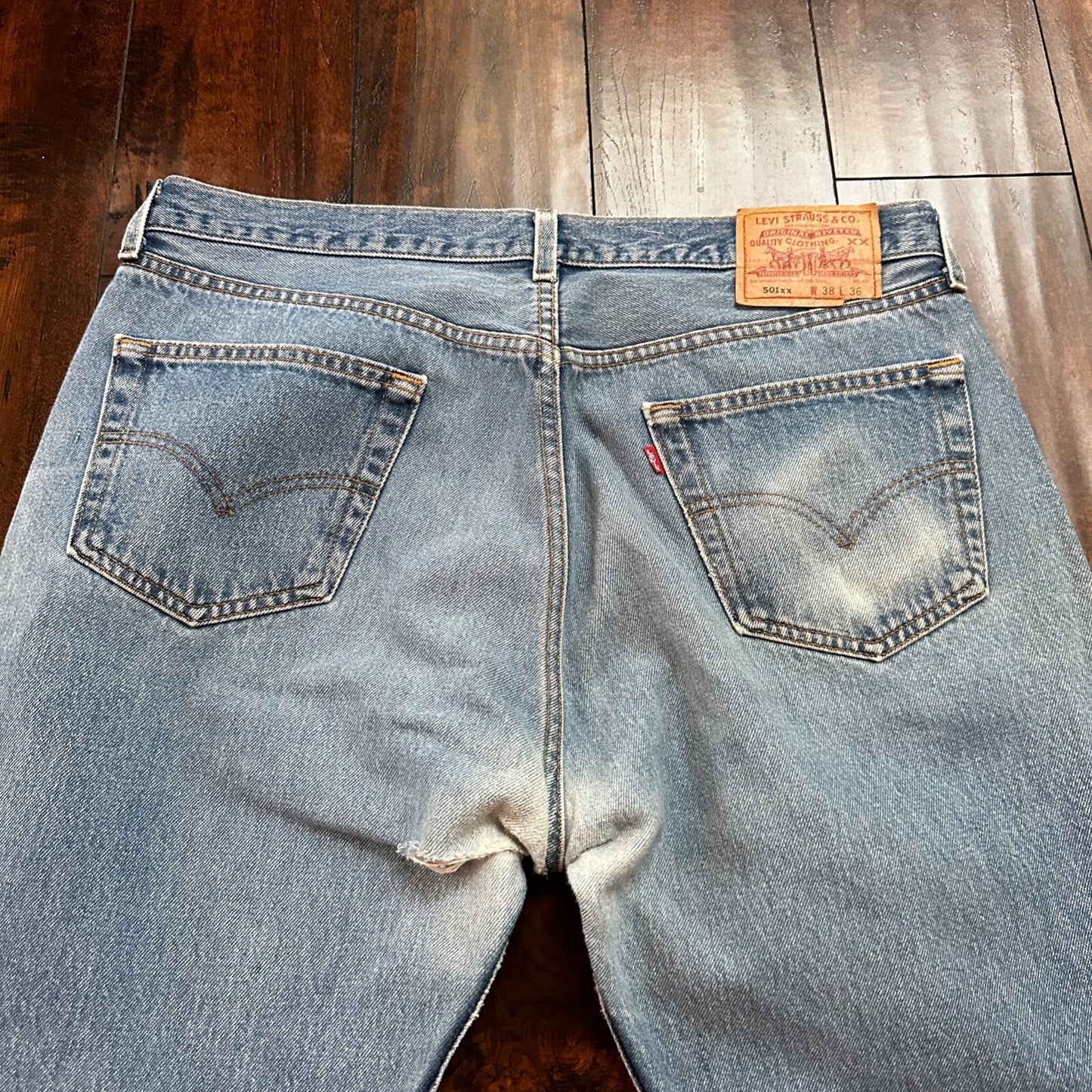 VTG 90s Levis 501 Button Fly 38x36 USA Tag Jeans Straight Wash Blue XX Act 35x32