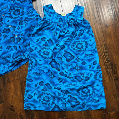 Ui-Maikai Vintage 1960s Barkcloth Blue Hibiscus Dress And Shirt Rockabilly Rare