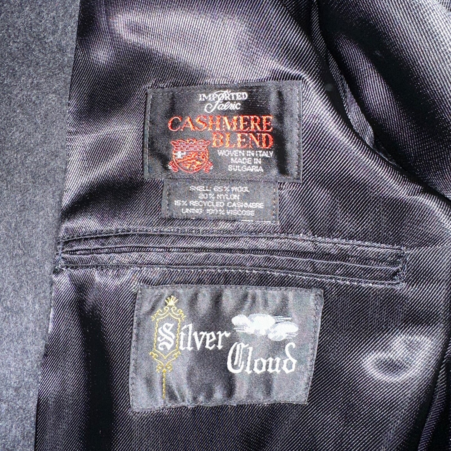 Silver Cloud Mens Coat 44R Black Cashmere Blend Italy Peacoat Jacket Long Winter