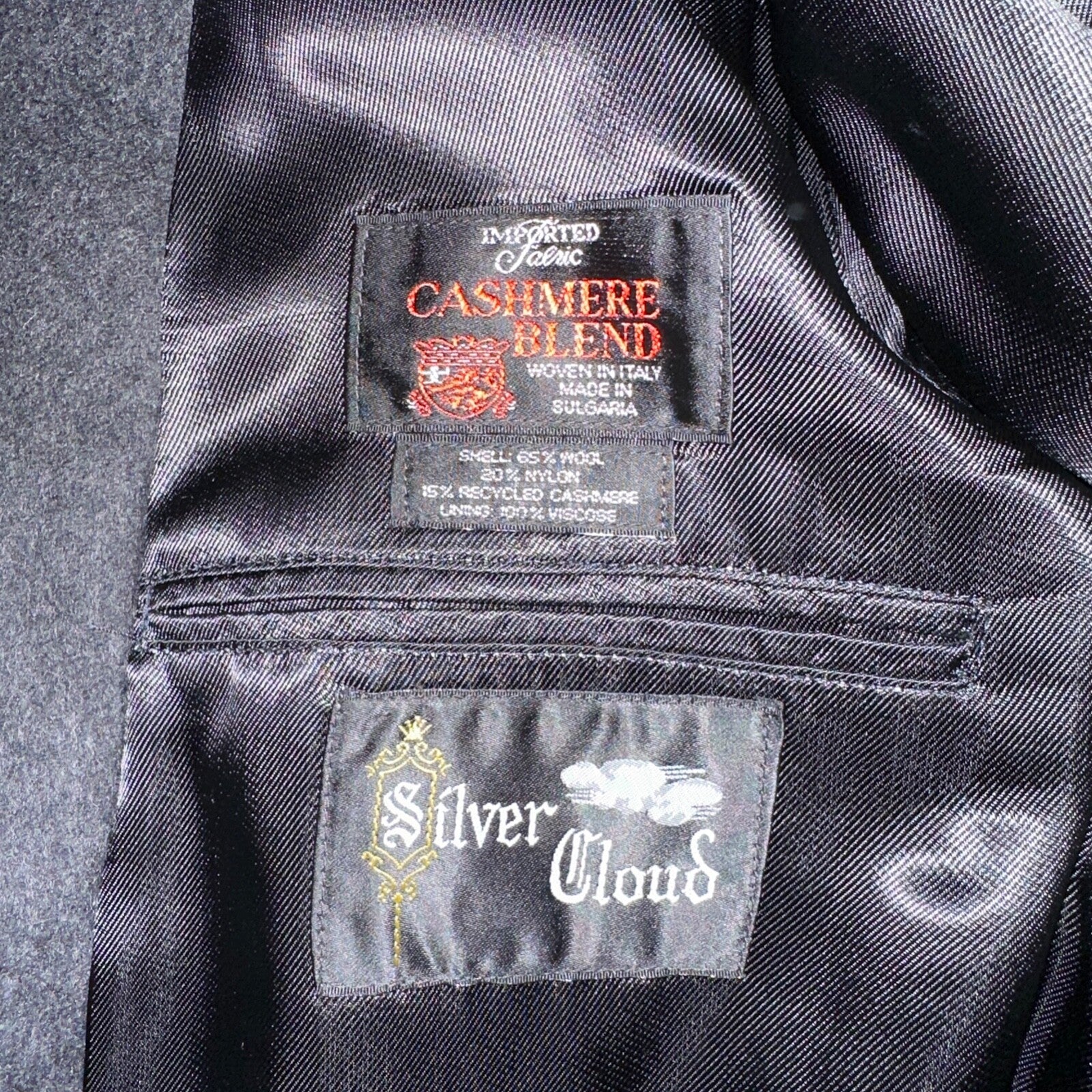 Silver Cloud Mens Coat 44R Black Cashmere Blend Italy Peacoat Jacket Long Winter