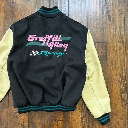 VTG Graffiti Alley Varsity Leather Letterman 70s Jacket 48 Portland Cars Racing