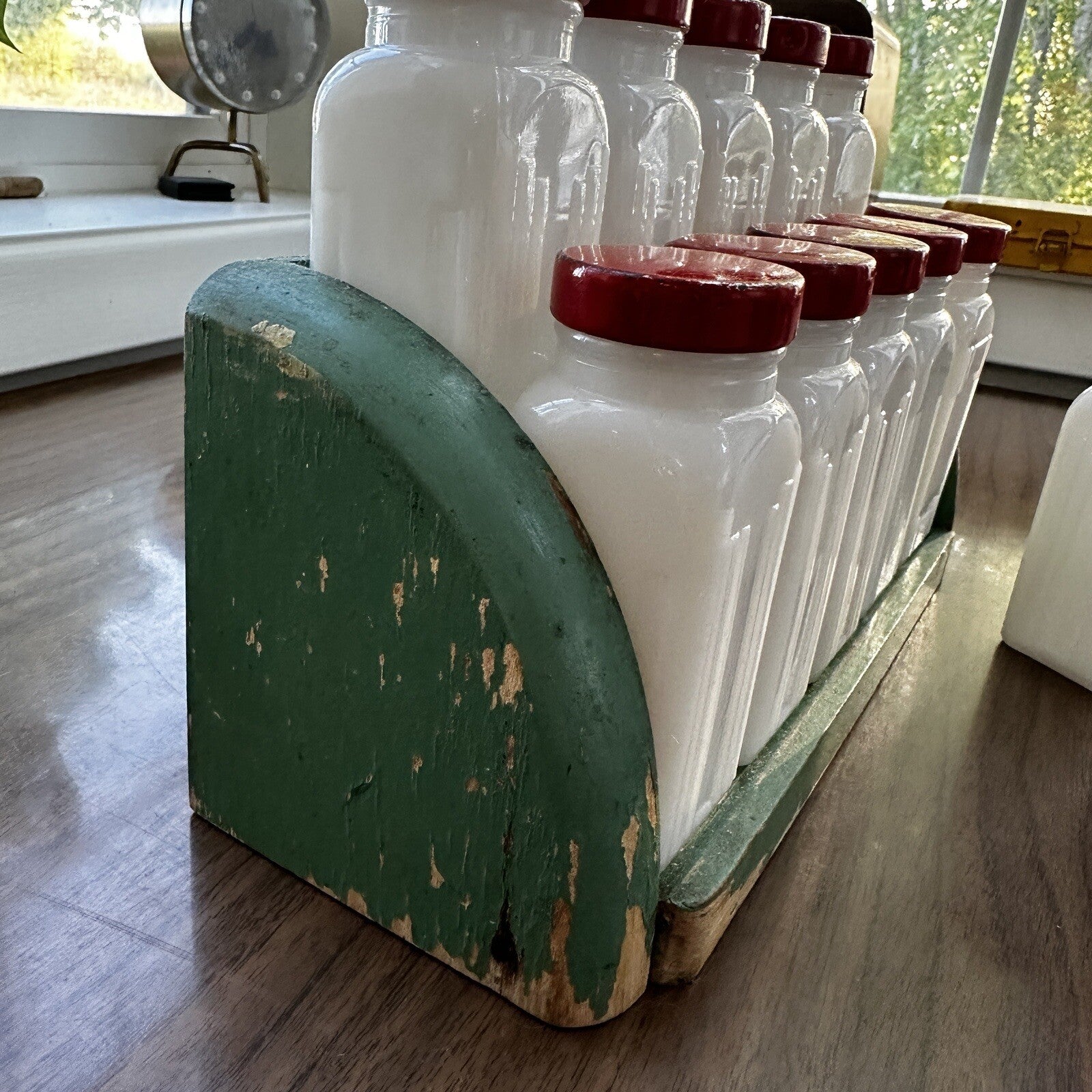 Griffith Milk Glass Spice Jar Set with Wooden Rack USA 1930s Art Deco 12 Pc