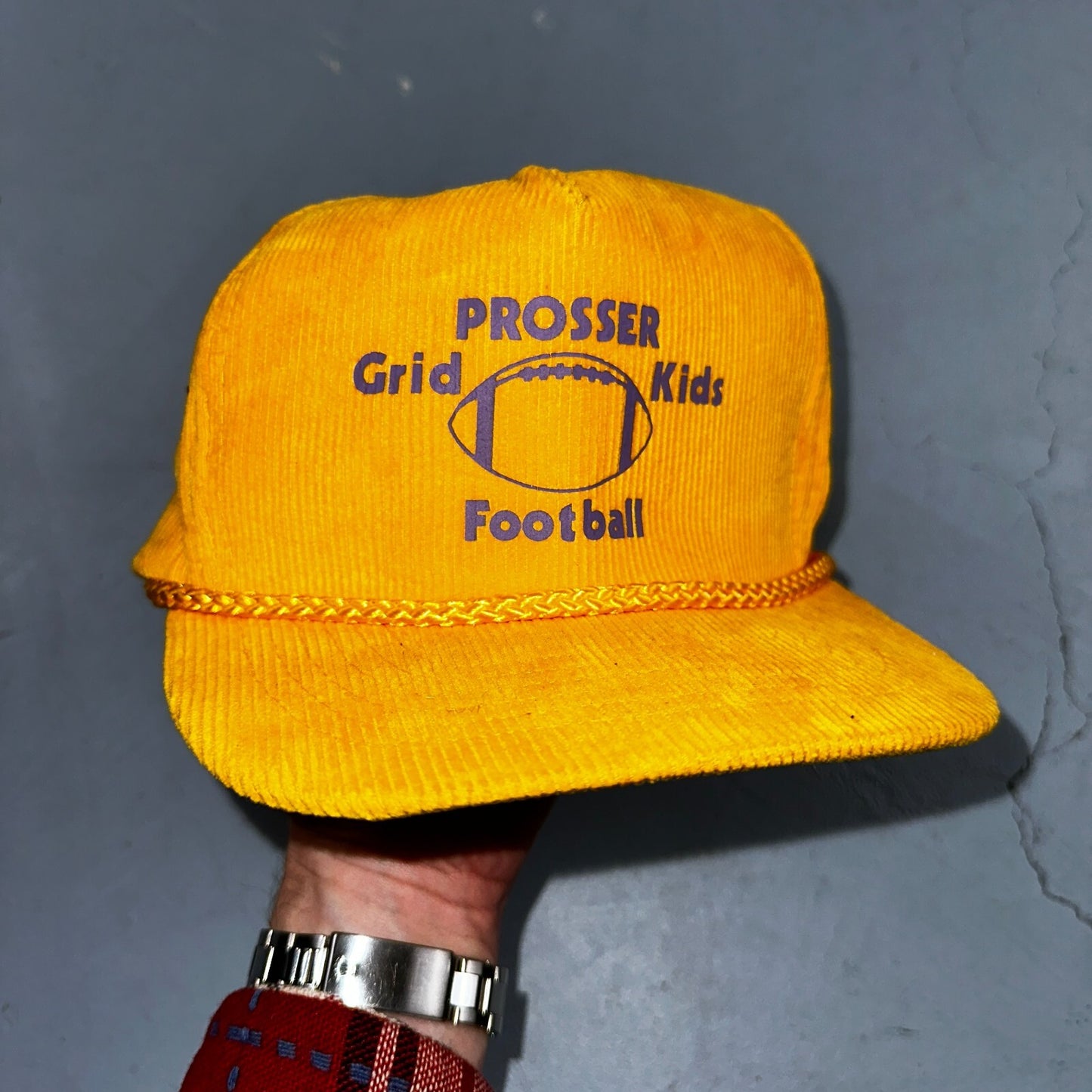Prosser Football Grid Kids VTG Hat Cap Snapback Yellow Corduroy Otto Trucker Fun