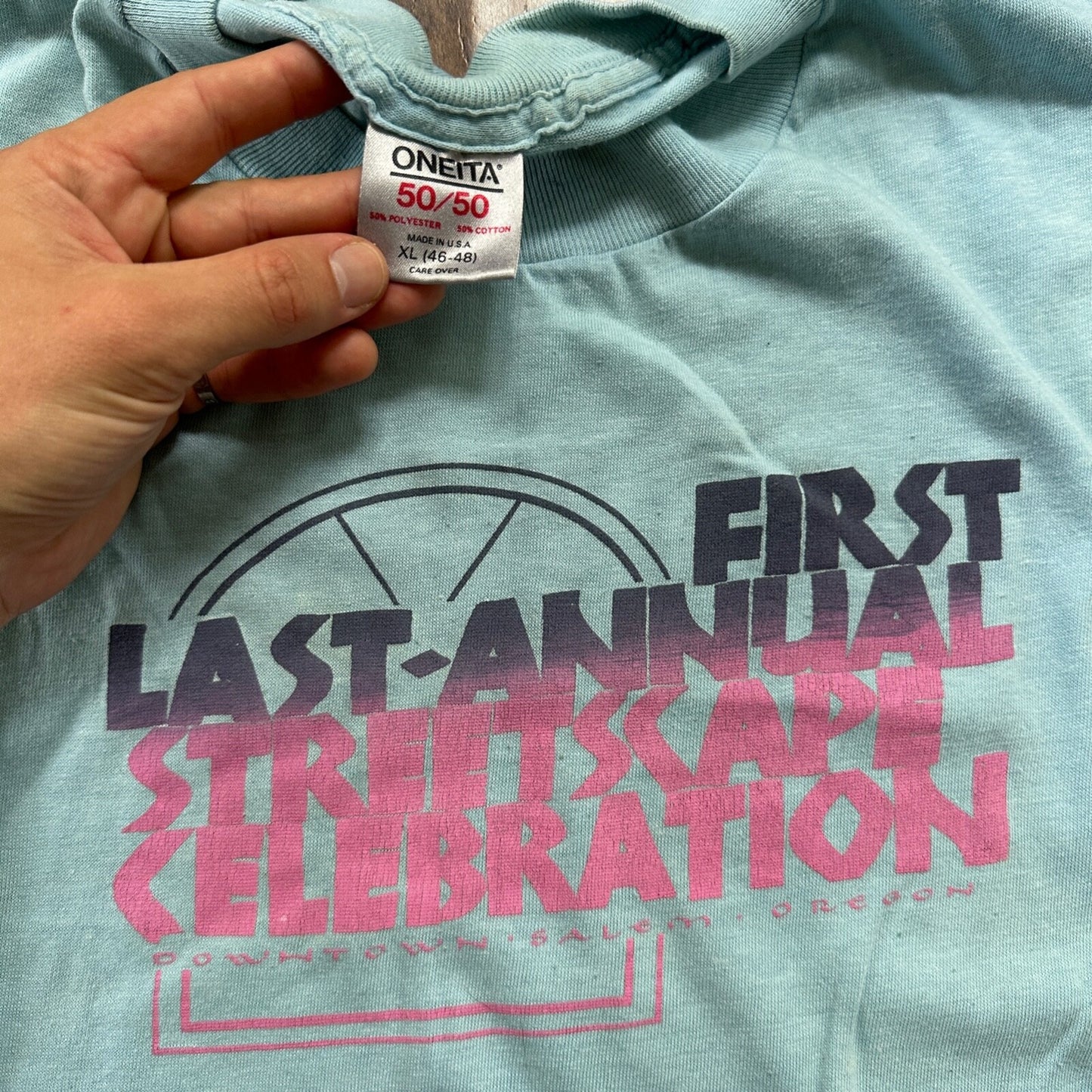 Oneita Street Scape Celebration Vintage T Shirt 80s Blue Single Stitch Oregon