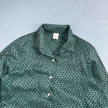 VTG 60s Jantzen Womens Top 12 Green Button Long Sleeve Shirt Flowers USA