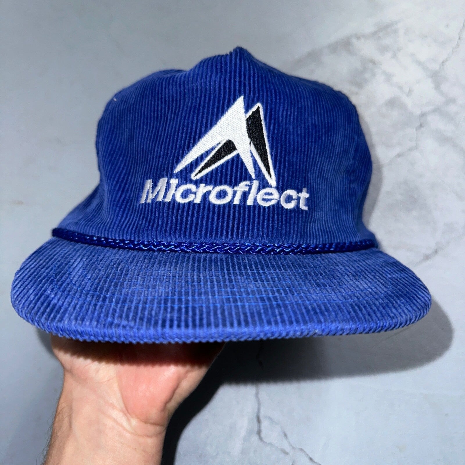 Microflect Blue Corduroy VTG Hat Cap Snapback Radio Television TV Promo Trucker