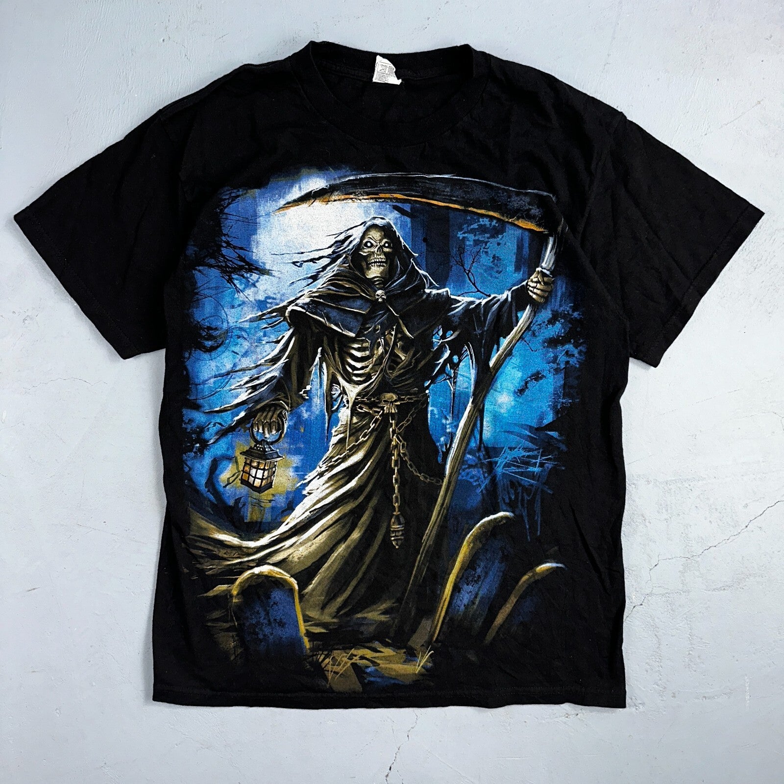 Vintage Grim Reaper T-Shirt Grunge Skulls Black Graphic Music Metal Heavy Y2K