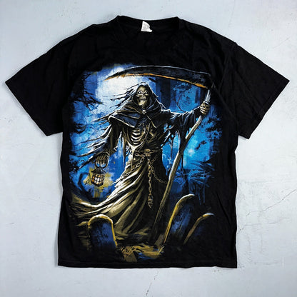 Vintage Grim Reaper T-Shirt Grunge Skulls Black Graphic Music Metal Heavy Y2K