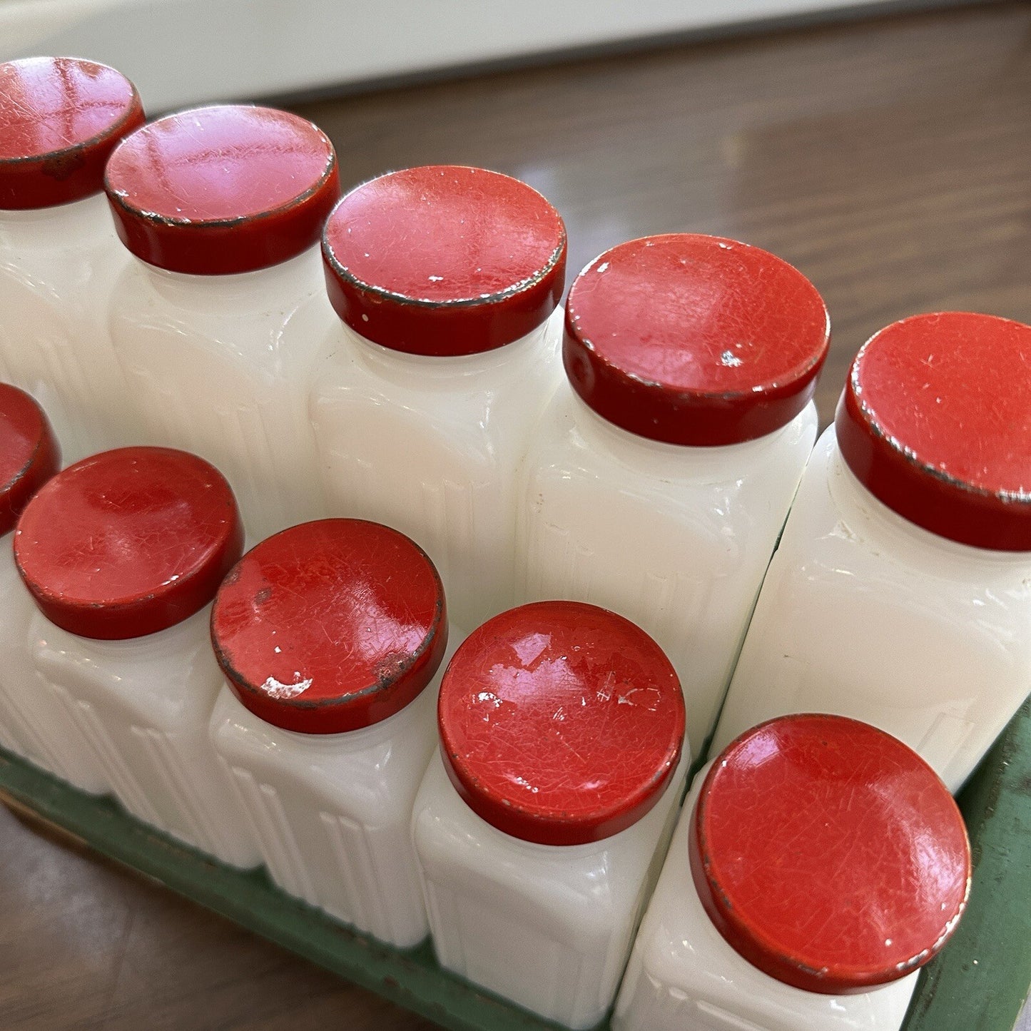 Griffith Milk Glass Spice Jar Set with Wooden Rack USA 1930s Art Deco 12 Pc