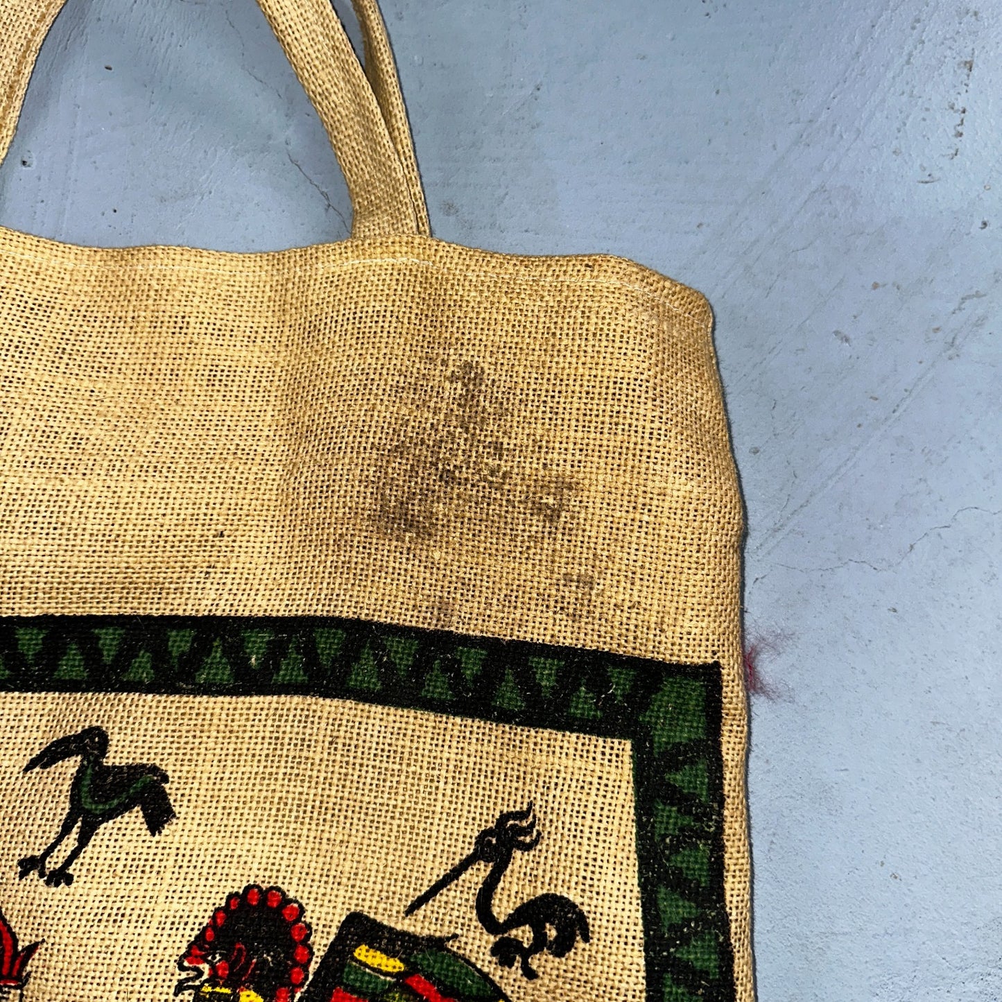 VTG Peru Machu Picchu Upcycled Coffee Reversible Burlap Tote Bag 70s Art Travel