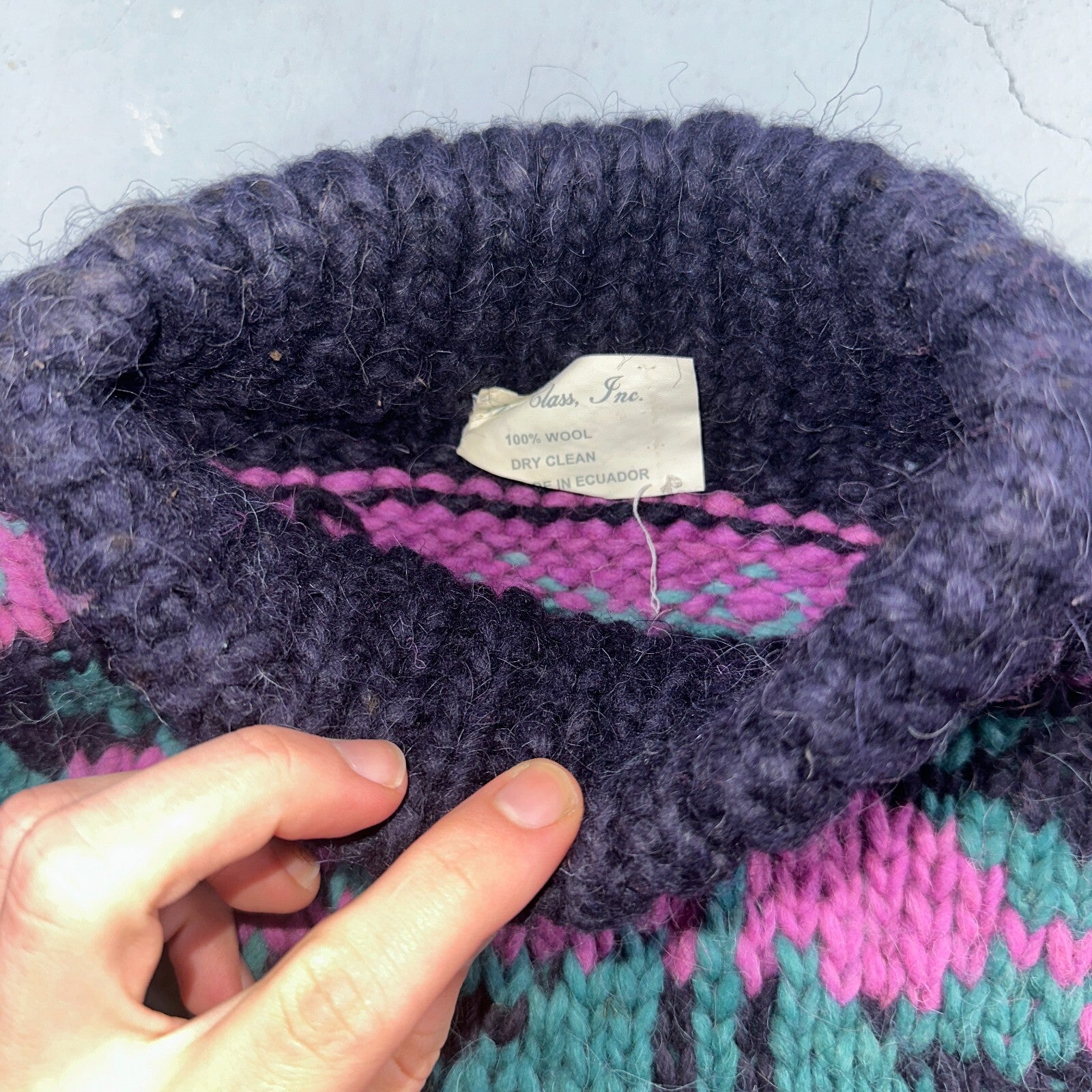 VTG World Class Sweater Purple Striped Wool Hand Made Aztec Geometric 1970s