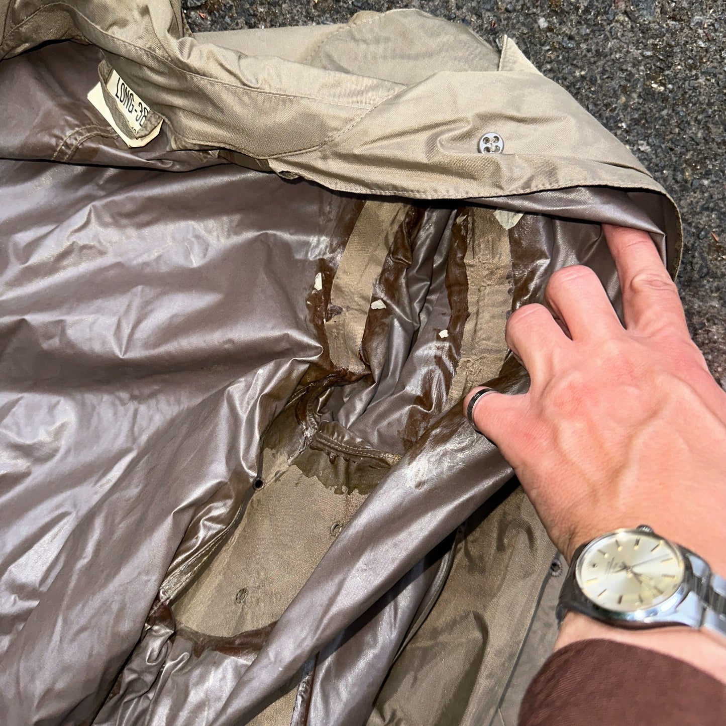 VTG 1958 US Army Mans Raincoat Nylon Taupe Shade 179 Military Uniform Mens 38L