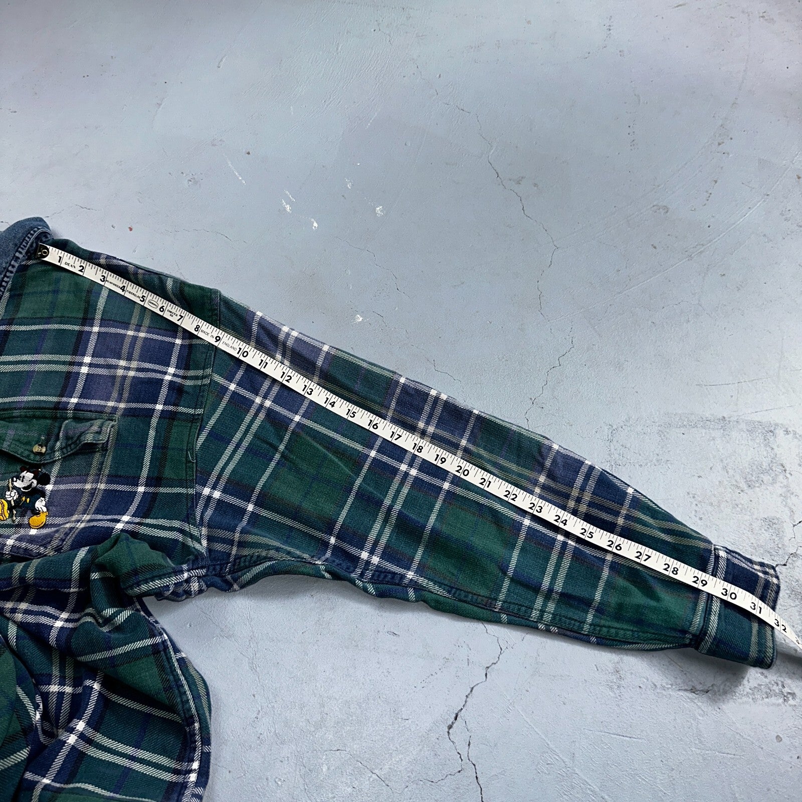 Vintage 90s Disney Mickey 2XL Blue Green Plaid Flannel Shirt Embroidered Pocket