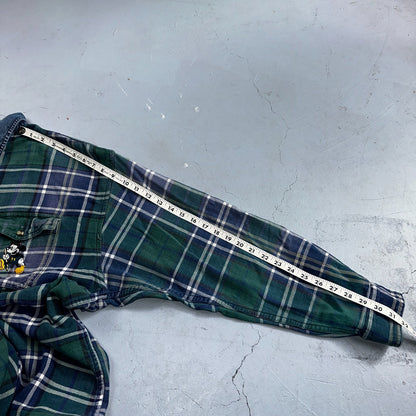 Vintage 90s Disney Mickey 2XL Blue Green Plaid Flannel Shirt Embroidered Pocket