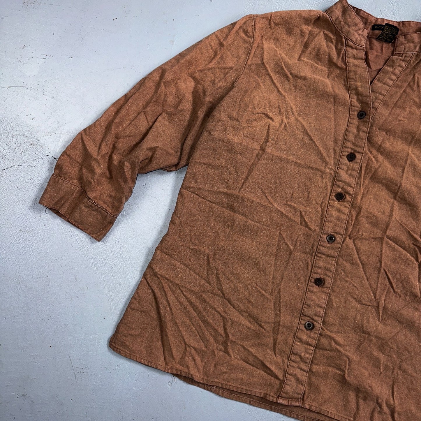E-COL-O-GIE Womens Large Brown Linen Button Up Shirt Large Cotton VTG Y2K