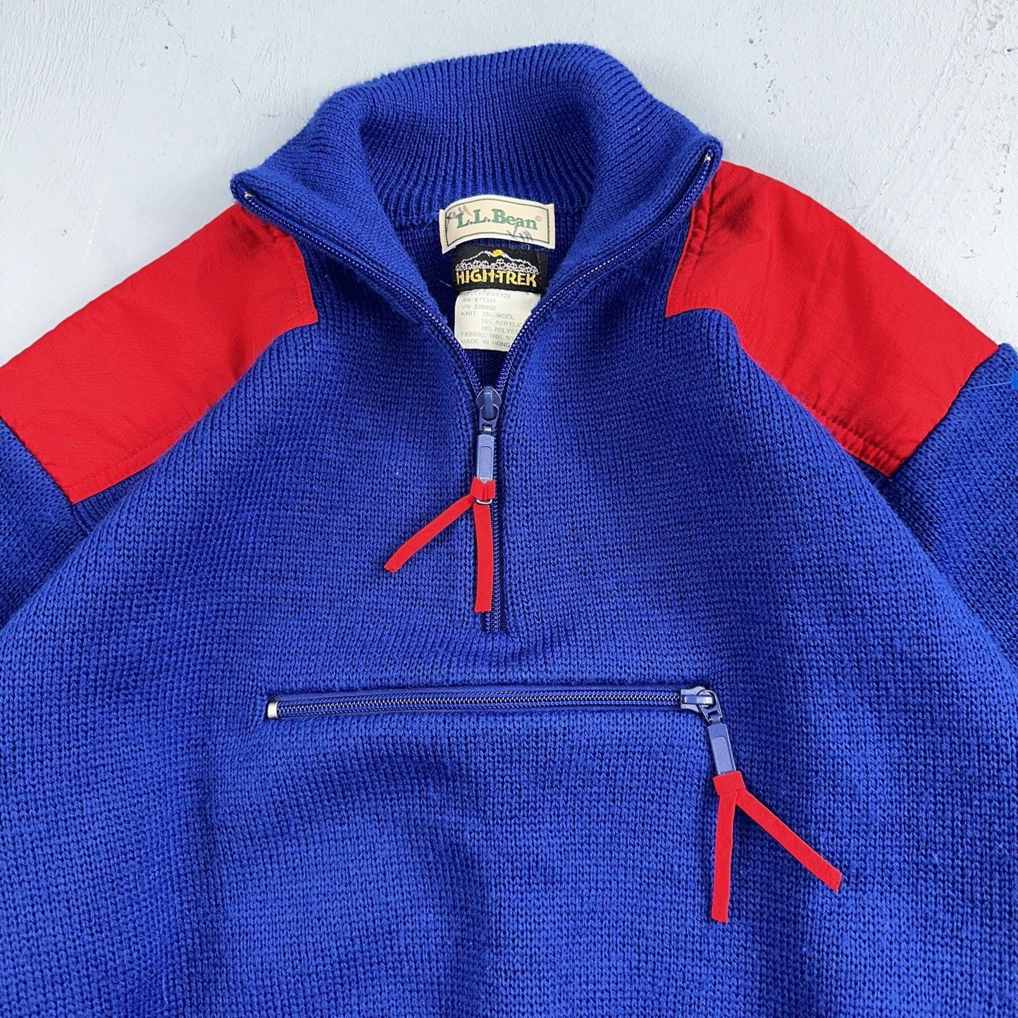 LL Bean VTG Sweater Mens Size M Red Blue Wool Blend High Trek Colorblock 80s